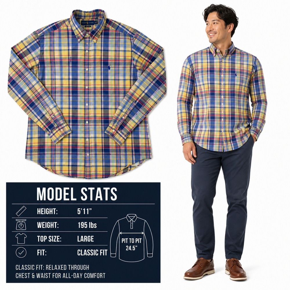 Ralph Lauren Mens Classic Fit Plaid Button Down Shirt Yellow Blue Large